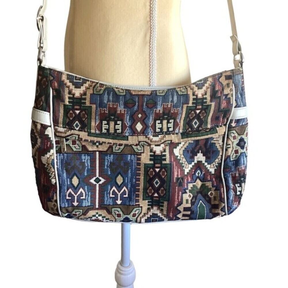 VINTAGE SAS Bag Multicolor Fabric Tapestry w/ Beige leather adjustable Shoulder